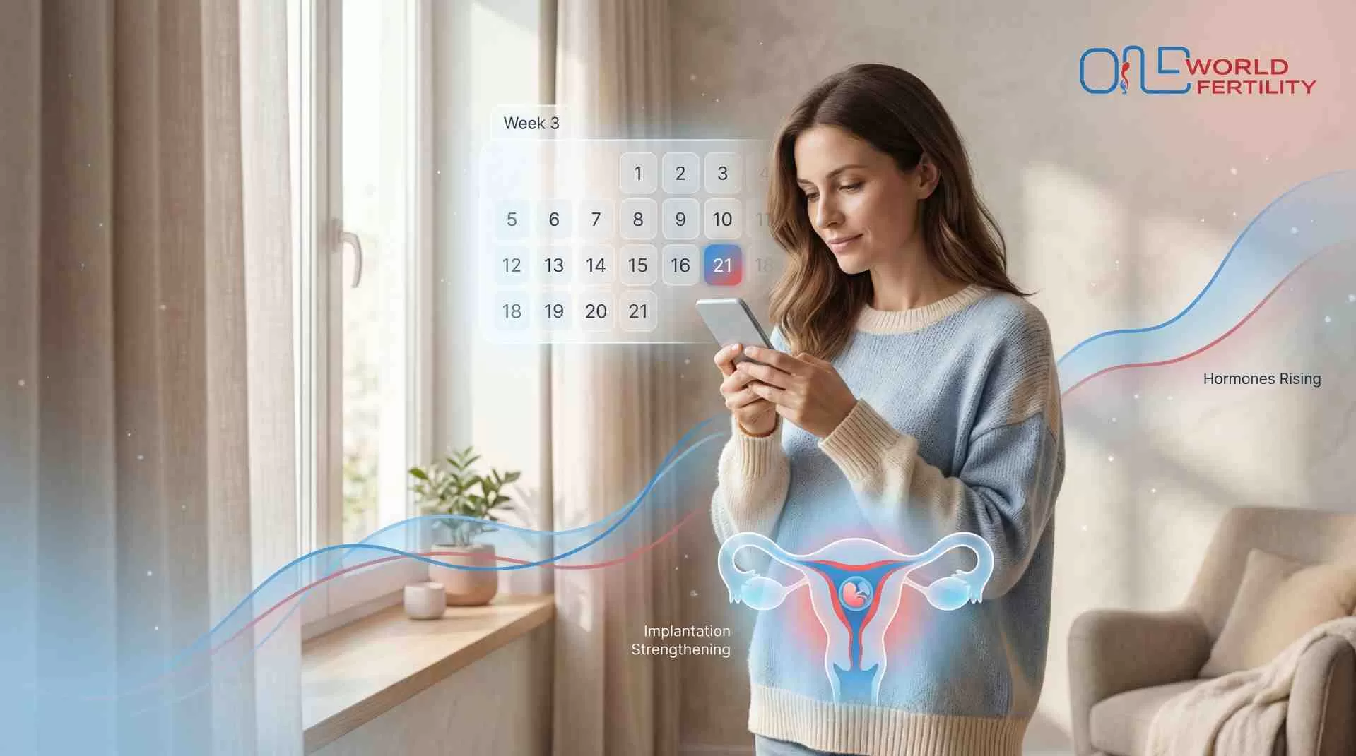 How does implantation progress in the third week of IVF pregnancy