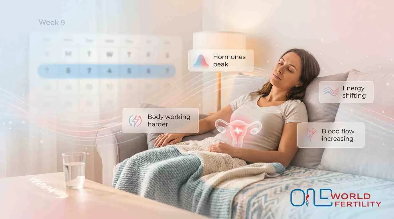 Why does fatigue increase around 9 weeks IVF pregnancy?