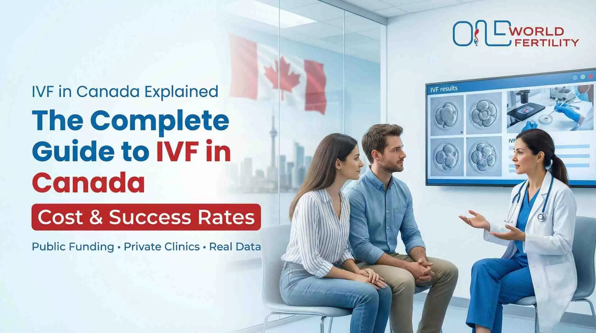 Couple consulting fertility specialist in Canada reviewing IVF cost breakdown, funding options, and success rate information in a modern clinic.