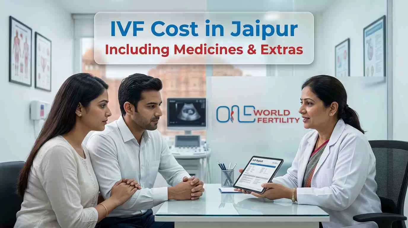 Indian couple consulting doctor about IVF cost in Jaipur with price breakdown in modern fertility clinic setting