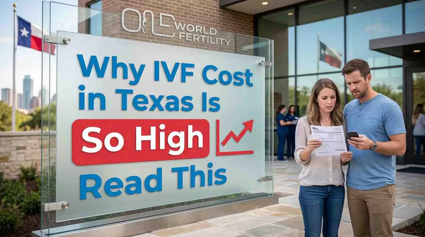 Infographic showing IVF cost in Texas per cycle - comparing Houston, Dallas, and Austin clinic prices for standard IVF, donor egg IVF, and frozen embryo transfer with and without insurance coverage